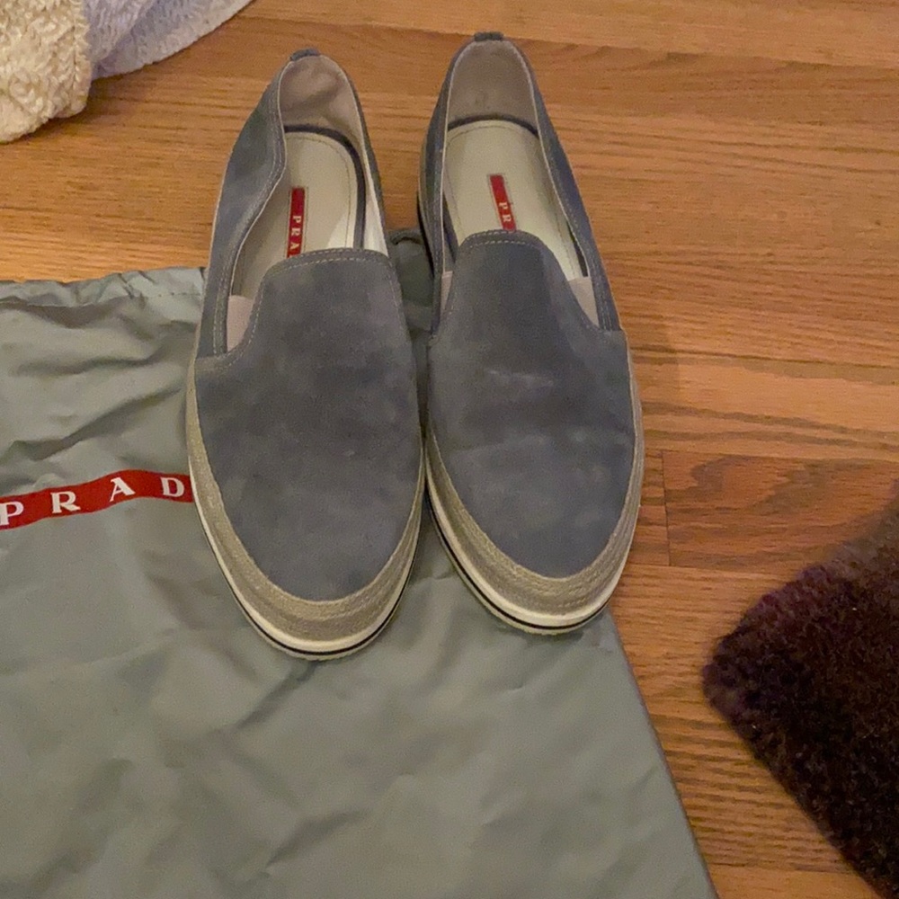 Blue suede Prada loafers, size 38.5 with dust bag!